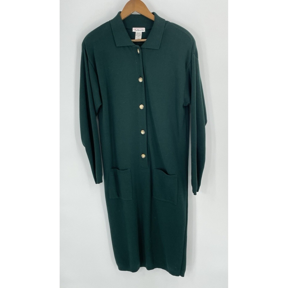 90s Vtg Talbots Size Large Sweater Dress Forest Green Long Sleeve Button Front